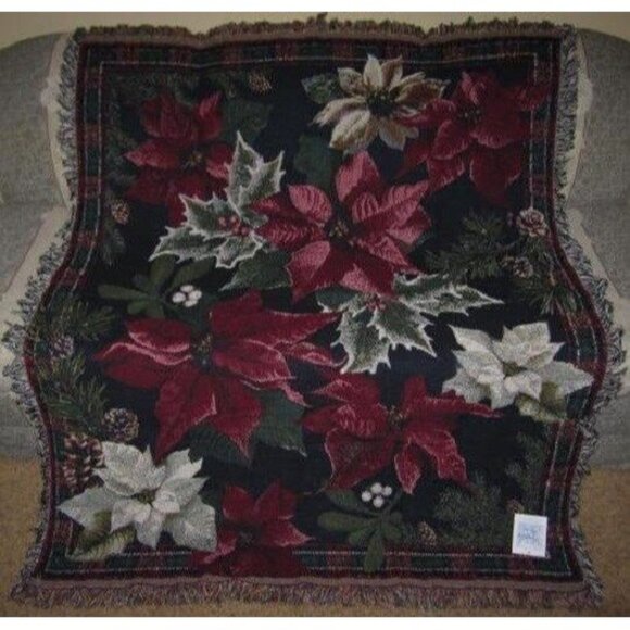 Unbranded Other - New Poinsettia Bouquet Christmas Holiday Afghan Throw Gift Blanket Holly NIP NWT